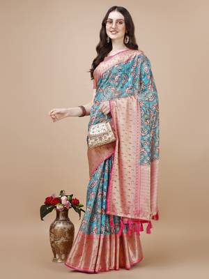 Kalamkari Printed Zari Muga Silk Blend Saree 1