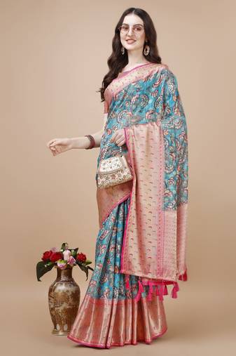 Kalamkari Printed Zari Muga Silk Blend Saree