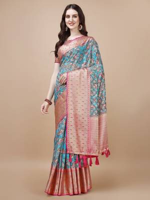 Kalamkari Printed Zari Muga Silk Blend Saree 2