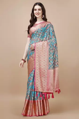 Kalamkari Printed Zari Muga Silk Blend Saree