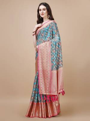 Kalamkari Printed Zari Muga Silk Blend Saree 3