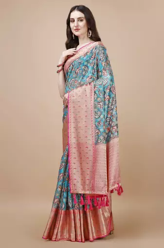 Kalamkari Printed Zari Muga Silk Blend Saree