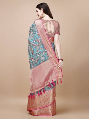 Kalamkari Printed Zari Muga Silk Blend Saree 4