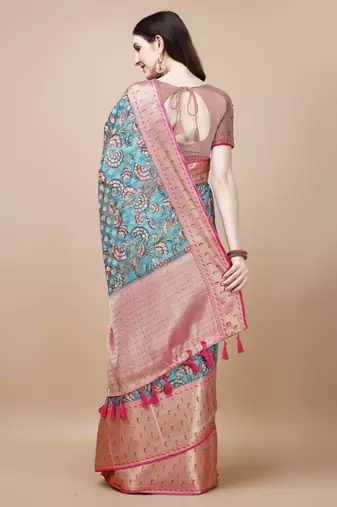 Kalamkari Printed Zari Muga Silk Blend Saree