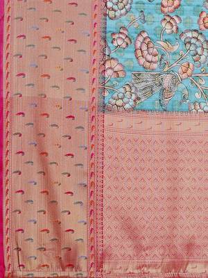 Kalamkari Printed Zari Muga Silk Blend Saree 5