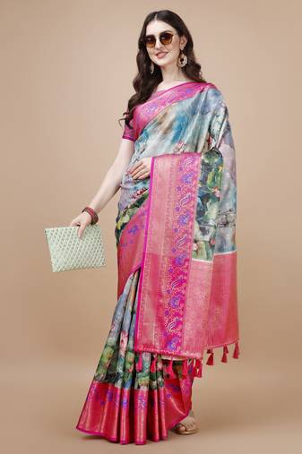 Floral Printed Zari Muga Silk Blend Saree