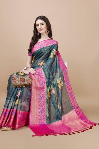 Floral Printed Zari Muga Silk Blend Saree
