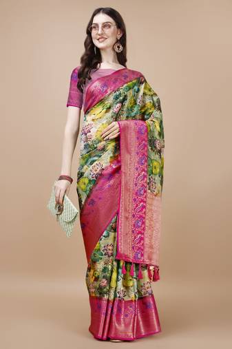 Floral Printed Zari Muga Silk Blend Saree