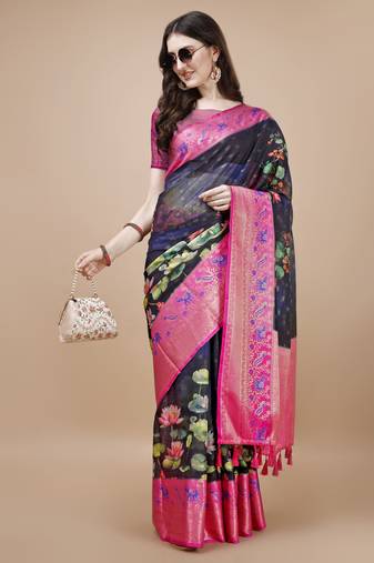 Floral Printed Zari Muga Silk Blend Saree