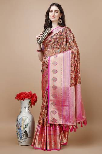 Floral Printed Zari Muga Silk Blend Saree