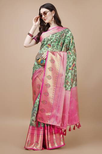 Floral Printed Zari Muga Silk Blend Saree