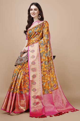 Floral Printed Zari Muga Silk Blend Saree
