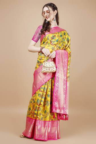 Floral Printed Zari Muga Silk Blend Saree