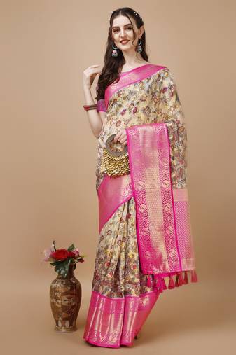 Floral Printed Zari Muga Silk Blend Saree