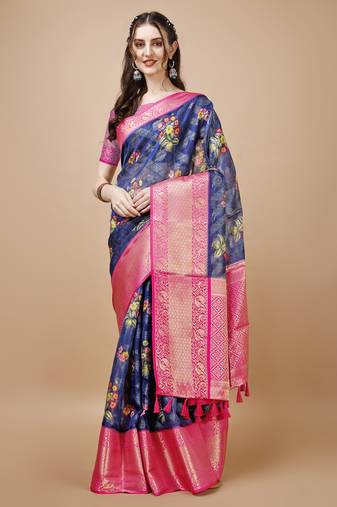 Floral Printed Zari Muga Silk Blend Saree