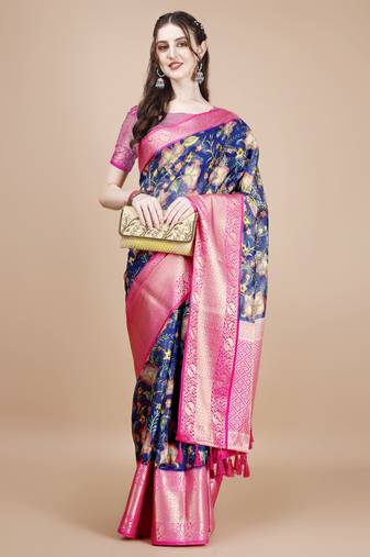Floral Printed Zari Muga Silk Blend Saree