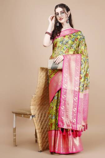 Floral Printed Zari Muga Silk Blend Saree