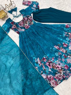 Soft Organza Silk Fabric Fully Flair Kali Pattern With Canvas Patta attached padded and zipper Gown, Dupatta and Pent  6