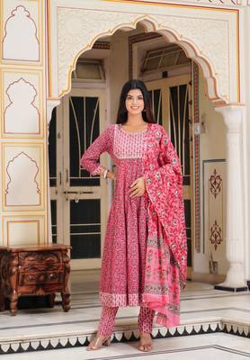 Pink cotton anarkali 3pec set for women 3