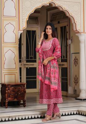Pink cotton anarkali 3pec set for women 4