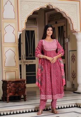 Pink cotton anarkali 3pec set for women 1