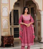 Pink cotton anarkali 3pec set for women