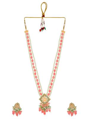 Gold plated pearl and light pink beads studded kundan necklace set for women 2