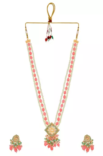 Gold plated pearl and light pink beads studded kundan necklace set for women