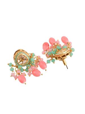 Gold plated pearl and light pink beads studded kundan necklace set for women 3