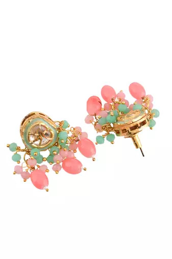 Gold plated pearl and light pink beads studded kundan necklace set for women