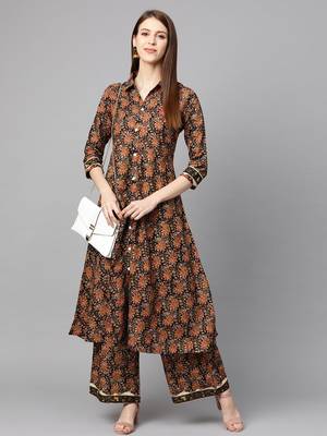 Mokshi women's black floral printed cotton kurta with palazzo 1