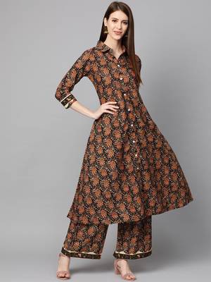 Mokshi women's black floral printed cotton kurta with palazzo 2