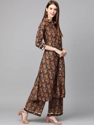 Mokshi women's black floral printed cotton kurta with palazzo 3