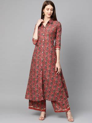 Pink Cotton Floral Print Front Cut Kurta Set with Palazzo 1