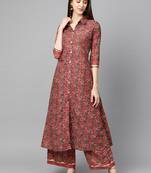 Pink Cotton Floral Print Front Cut Kurta Set with Palazzo