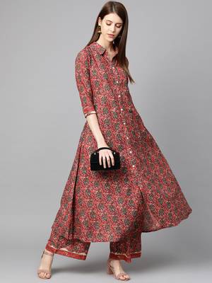 Pink Cotton Floral Print Front Cut Kurta Set with Palazzo 2