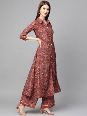 Pink Cotton Floral Print Front Cut Kurta Set with Palazzo 3