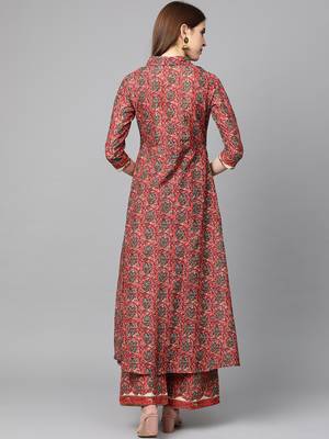 Pink Cotton Floral Print Front Cut Kurta Set with Palazzo 4