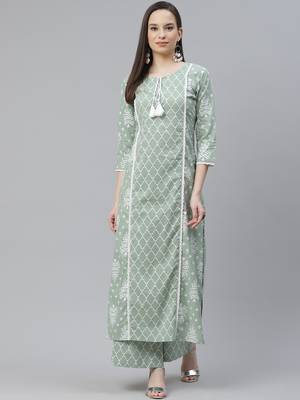 Mokshi women's green geomatric printed cotton kurta with palazzo 1