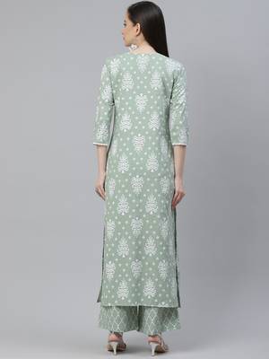 Mokshi women's green geomatric printed cotton kurta with palazzo 2