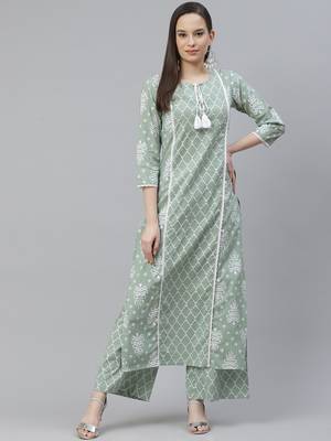 Mokshi women's green geomatric printed cotton kurta with palazzo 3