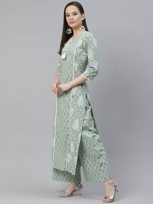 Mokshi women's green geomatric printed cotton kurta with palazzo 4