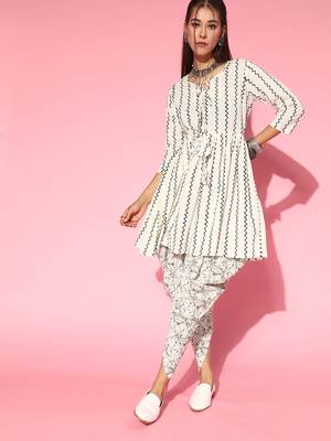 Mokshi women's beige printed cotton kurti with dhoti pant 1