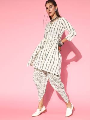 Mokshi women's beige printed cotton kurti with dhoti pant 4