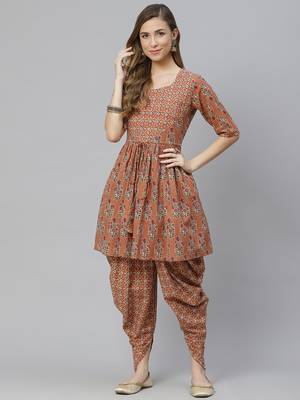 Mokshi women's orange printed cotton kurti with dhoti pant 1