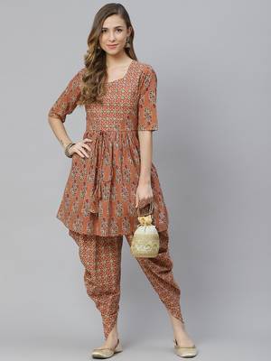 Mokshi women's orange printed cotton kurti with dhoti pant 2