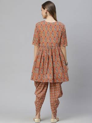 Mokshi women's orange printed cotton kurti with dhoti pant 3