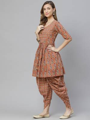 Mokshi women's orange printed cotton kurti with dhoti pant 4