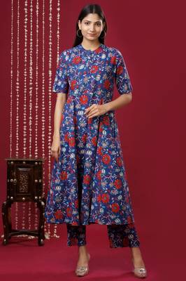 Mokshi women's blue floral printed rayon kurta with palazzo 1