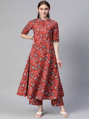 Mokshi women's red floral rayon kurta with palazzo 1